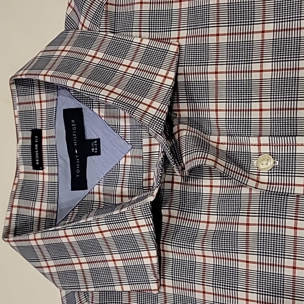 Tommy Hilfiger Plaid Wide Collar Regular Fit Sport Shirt Red Black 16.5 34/35 - Picture 6 of 10